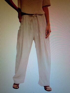 Free People Wide Leg Linen-Blend Drawstring Pants in Beige